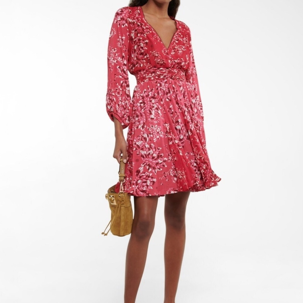 Poupette St Barth Adela Mini Dress Pink‎ Pivoine Silk Crinkle Long Sleeve Medium